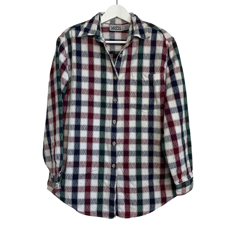 Vintage 80s Lemon Grass Plaid Shirt Button Down Collared Cotton Checkered Medium